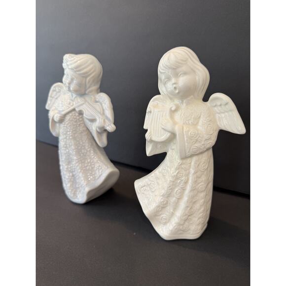 Vintage Porcelain Angel Figurines Violin & Harp Musician Pair Holiday Decor - Picture 7 of 10